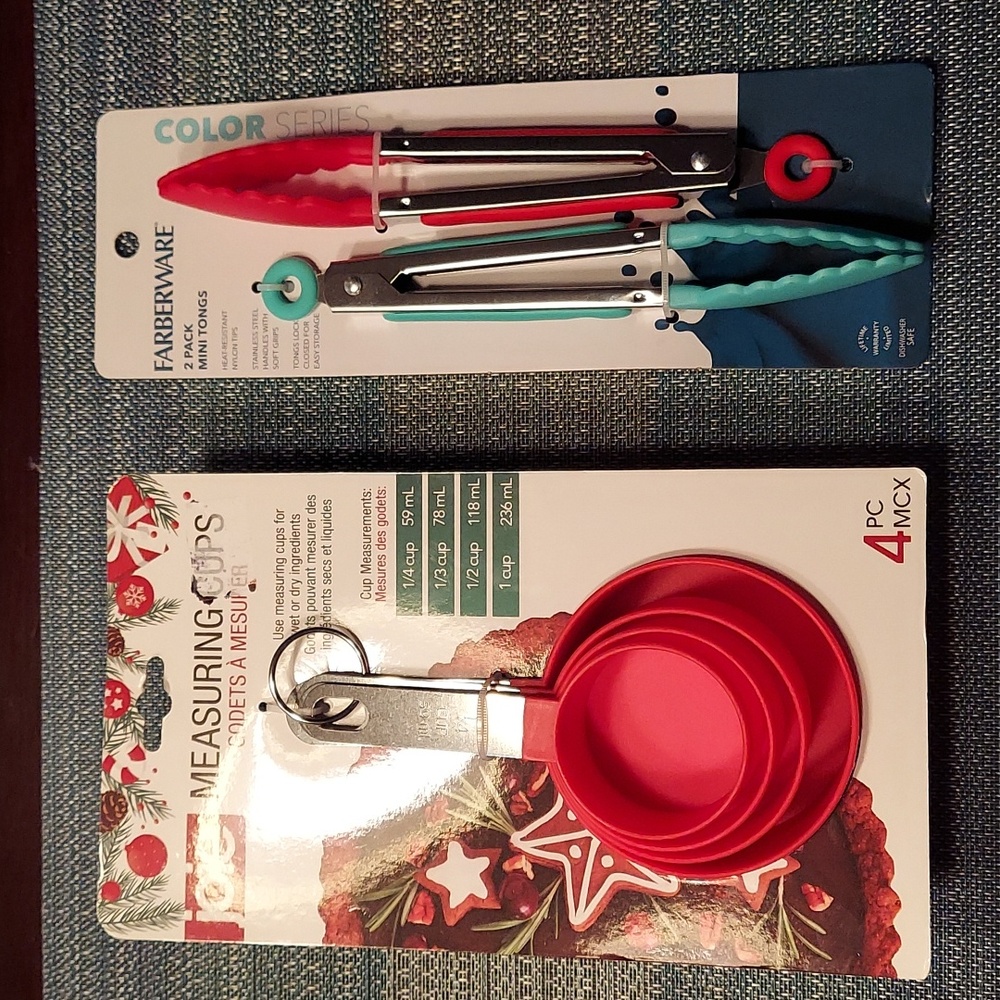FARBERWARE COLORS MINI TONG SET & JOIE MEASURING CUPS SET KITCHEN BUNDLE NWT